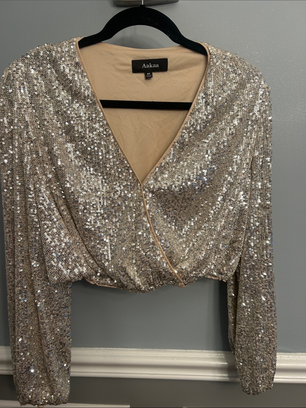 Aakaa Gold Sequin Wrap Crop Top with Long Sleeves